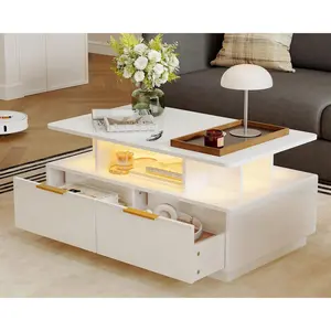 LED Coffee Table with Storage, 35 Inch High Gloss Center Table with Adjustable Color-Changing Lights, Modern Rectangular Coffee Table for Living Room, Sofa Table