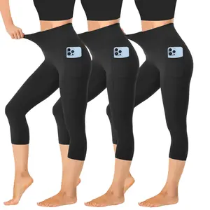 3 Pack Capri Leggings with Pockets for Women High Waisted Capris Soft Tummy Control Yoga Pants Running Gym Legging Stretchable Activewear