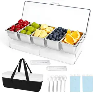 Chilled Condiment with 5 Removable Stainless Compartments, Includes Tote Bag and 2 Ice Packs, Serving Tray for,, and Travel