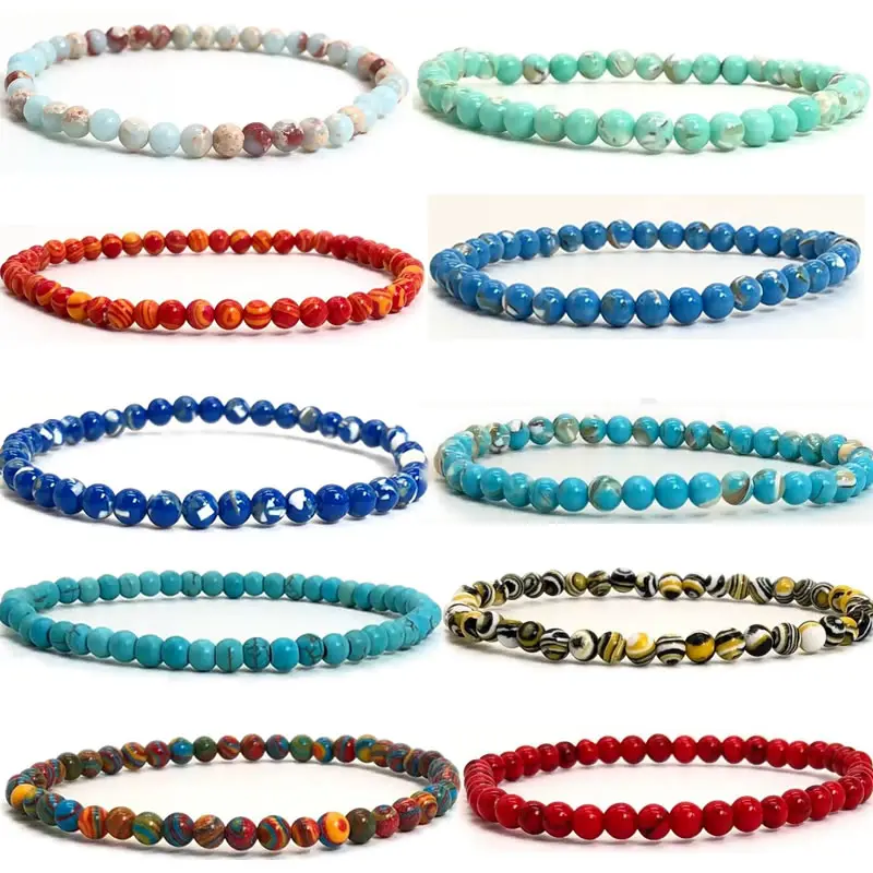 4mm Chakra Beads Energy Bracelet Natural Round Turquoise Malachite Stone Stretch Bangles for Women Men Handmade Yoga Jewelry