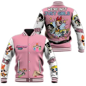 Powerpuff Girls Varsity Baseball Jacket Unisex, Cartoon Hero Bomber, Retro Animation Streetwear, Cute Gift for Classic Fans