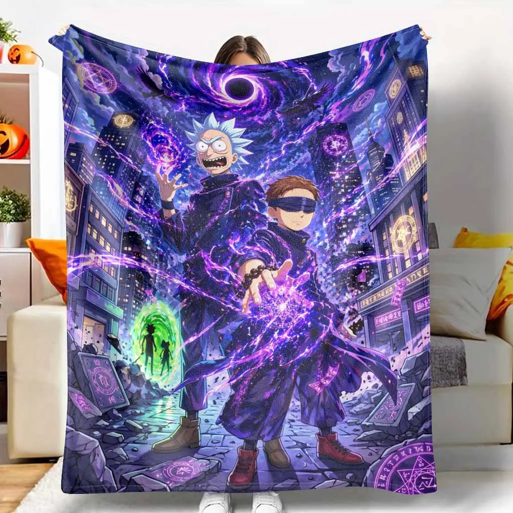 Rick and Morty Jujutsu Kaisen Style Flannel Blanket Cosmic Sorcery Print Ultra Soft Cozy Lightweight Perfect for Living Room Bedroom Anime Fan Gift Holiday Decor Gift for Him Gift for Her.