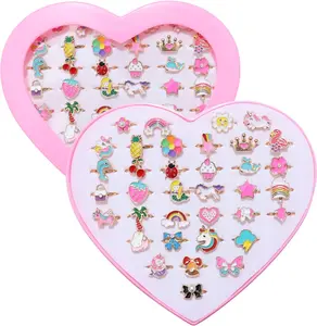 Mother Day Gift 36pcs Little Girl Alloy Jewelry Rings, Adjustable Unicorn Rings Toys, No Duplication Kids Play Ring in Box,Dress Up for 4-12 Year Old Girls