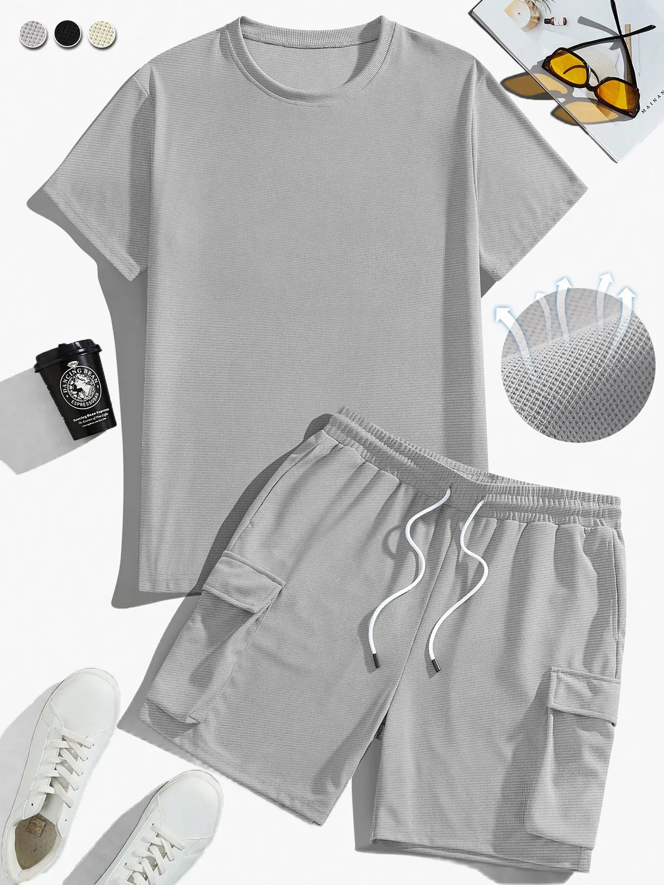Men's multi-color short-sleeved tooling shorts set, skin-friendly, comfortable and breathable fabric, multi-pocket design, daily leisure style, commuting on the street, suitable for home wear, trendy and versatile