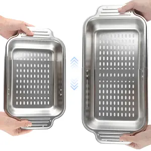 Hibbent Over the Sink Colander Strainer Basket - ALL METAL Extendable Drain Colander for Wash Vegetables and Fruits Dry Dishes, 6 Quart Large Size, New Home Kitchen Essentials