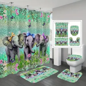 Elephant Pattern Bathroom Decorations, 4 Countsset Including Shower Curtain & Toilet U-shape Mat & Bathroom Mat & Toilet Lid Cover, Bathroom Decoration Supplies, Bathroom Accessory