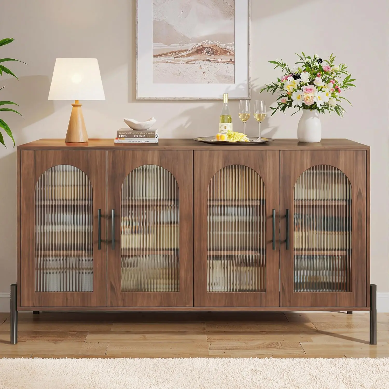 Sideboard Buffet Cabinet with Storage, 55" Modern Sideboard Cabinet with 4 Fluted Glass Doors & Adjustable Shelves, Wood Buffet Console Table for Living Room, Kitchen, Dark Walnut