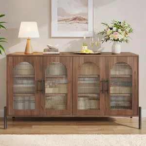 Sideboard Buffet Cabinet with Storage, 55" Modern Sideboard Cabinet with 4 Fluted Glass Doors & Adjustable Shelves, Wood Buffet Console Table for Living Room, Kitchen, Dark Walnut
