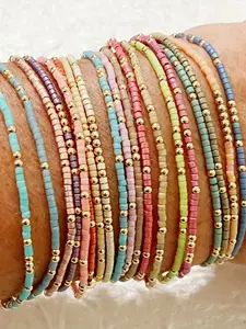 19 Piece Rainbow Beaded Stackable Bracelet Set, Handmade Multi-Layer Fine Rice Beads, Casual Patchwork Style, All Seasons Jewelry