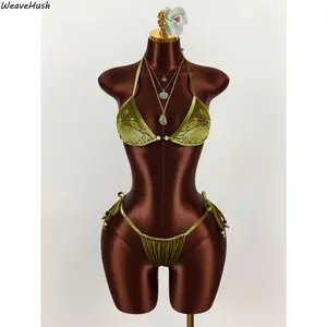 2pcs Women's Beaded Embroidered Triangle Cup Bohemian Backless Crop Top, Sexy Avant-Garde Green Casual Party Vacation Outfit