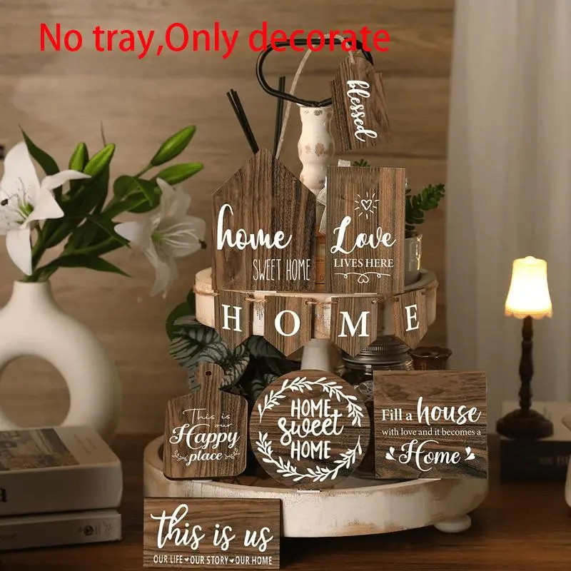 Wooden Home Decorations, 12pcs/set Tiered Tray Decor Set, Home Sweet Home Letter & Leaf & Deer Pattern Decorative Signs, Home Decor for Living Room Bedroom, Hanging