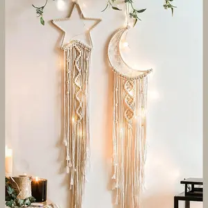 Tassel Dream Catcher Hanging Ornaments, 1 Set Hand Woven Lace Stars Moon Dreamcatcher Wall Hanging Decor without LED Lights, Hangable Wall Art for Home, Hanging Room Decor, Boho Decoration