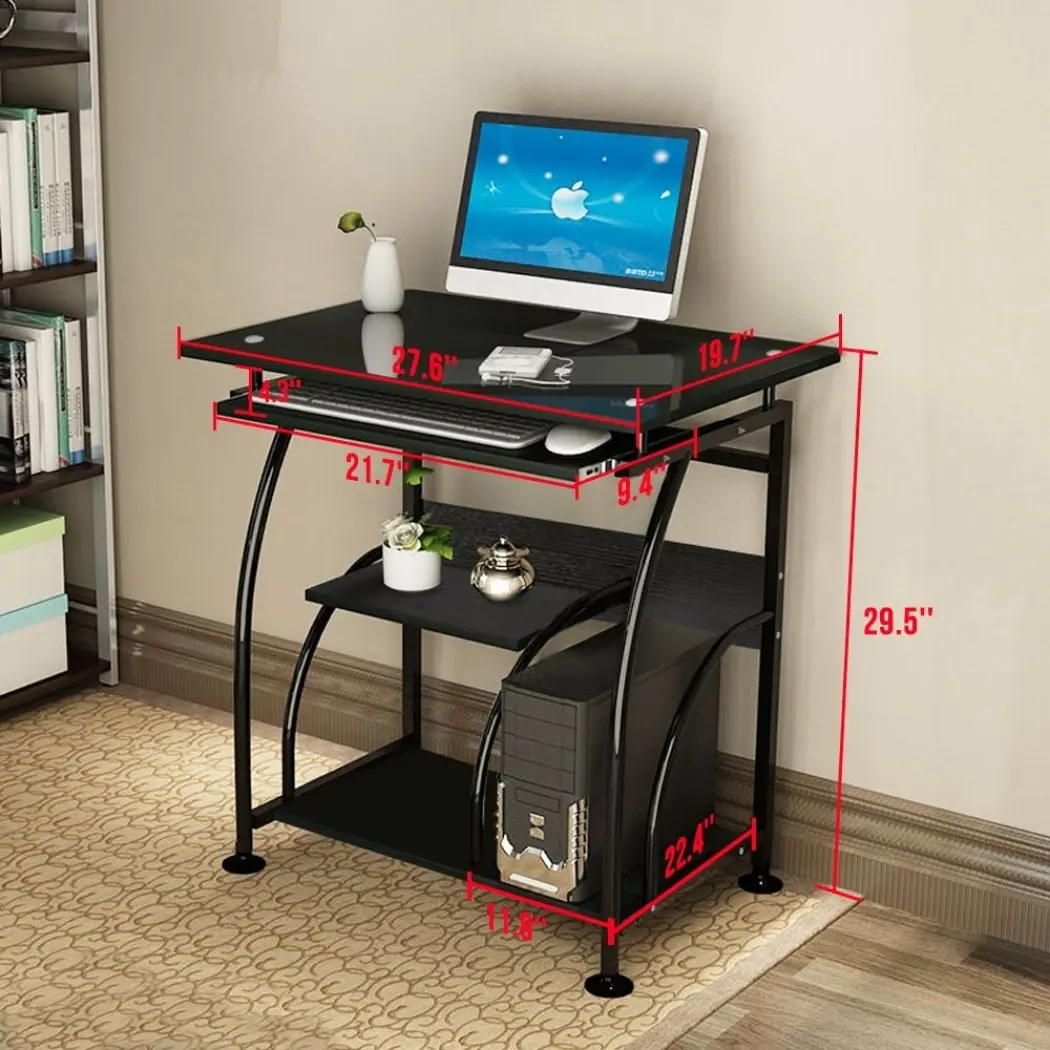 Modern black glass computer desk with steel frame keyboard tray and game design, suitable for home office or commercial workplace
