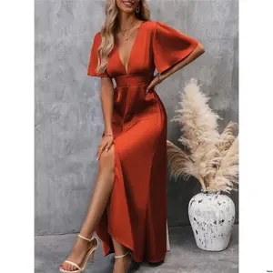 Neck Plunging tiktok Clasi Butterfly Sleeve Split Thigh Satin Dress Maxi Women Outfit
