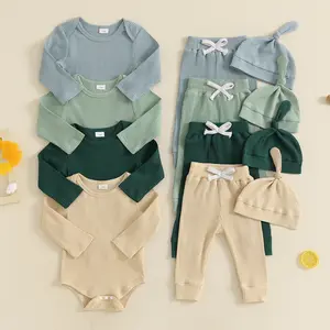 Newborn Baby Boy Clothes Ribbed Knitted Long Sleeve Romper Pants Solid Cotton Infant Fall Winter Outfits 2Pcs
