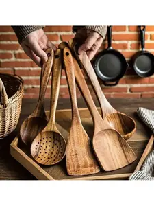 5Pcs Premium Wooden Kitchen Utensil Set – Natural Eco-Friendly Material with Ergonomic Handles, Includes Spoon, Tablespoon & Sauté Spatula, Heat-Resistant, Easy-Clean, Durable for Non-Stick Pans