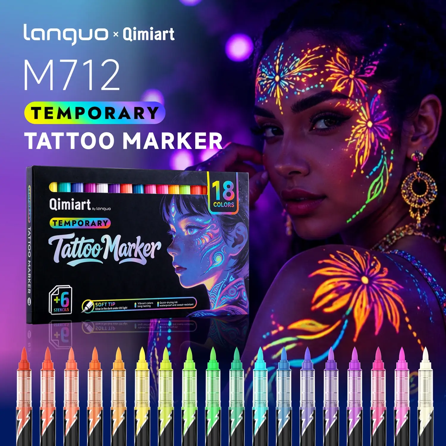 Langguo×qimiart M712 Temporary Tattoo Pen, Body Art, Smart Ink System, Fluorescent Effect, UV, Waterproof, Easy to Clean, Perfect for Parties and Events