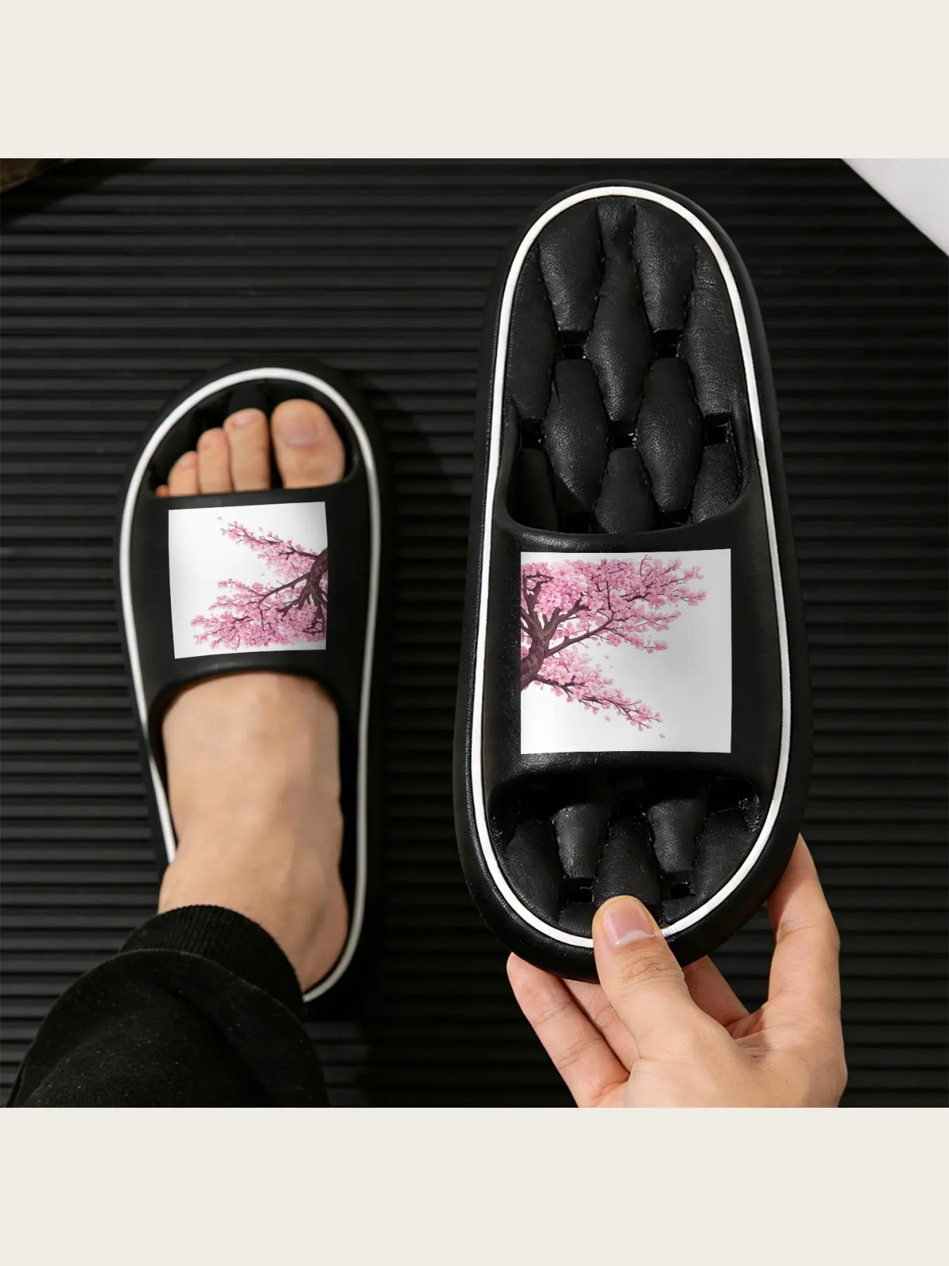 Women's Sakura Cherry Blossom Print Slippers Soft Comfortable Home Indoor Non-Slip Floor Shoes Spring Summer Lightweight Breathable Casual Footwear for Ladies Girls