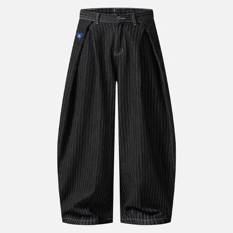 Aelfric Eden Men's High-Waist Pinstripe Baggy Barrel Jeans - Heavyweight Cotton-Polyester Blend, Pleated Waist, Embroidered Details, Casual Retro 2000s Streetwear, Unisex Fit Vintage Bottoms