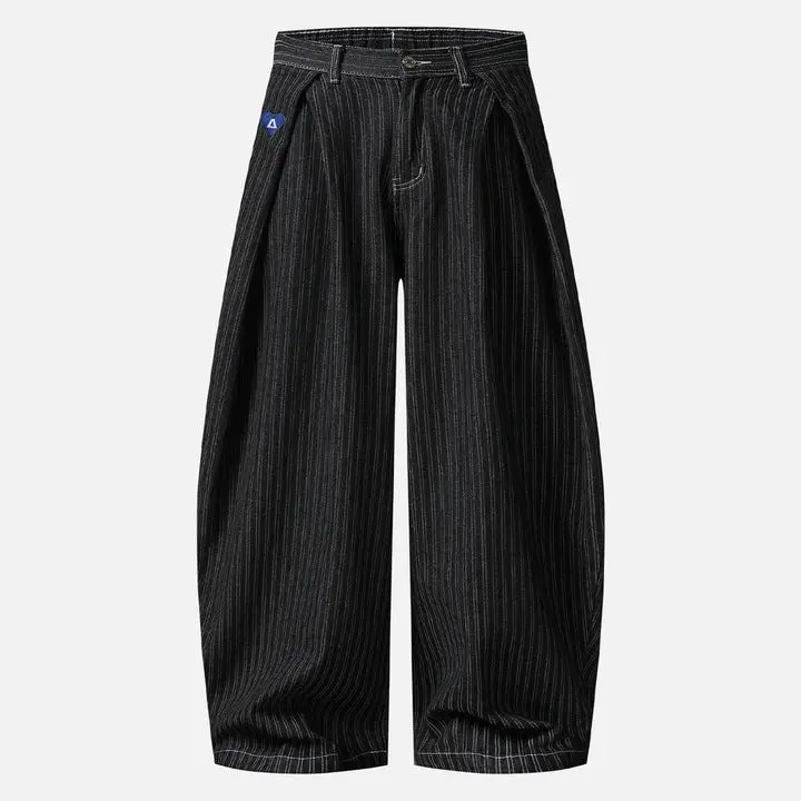 Aelfric Eden Men's High-Waist Pinstripe Baggy Barrel Jeans - Heavyweight Cotton-Polyester Blend, Pleated Waist, Embroidered Details, Casual Retro 2000s Streetwear, Unisex Fit Vintage Bottoms