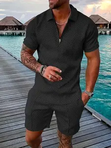 Men's Black Geometric Tropical 2-Piece Loungewear Set - Short Sleeve Zip Polo Shirt & Matching Drawstring Shorts, Soft Breathable Fabric, Relaxed Fit for At-Home Lounging, Lazy Weekends & Casual Evenings, Menswear