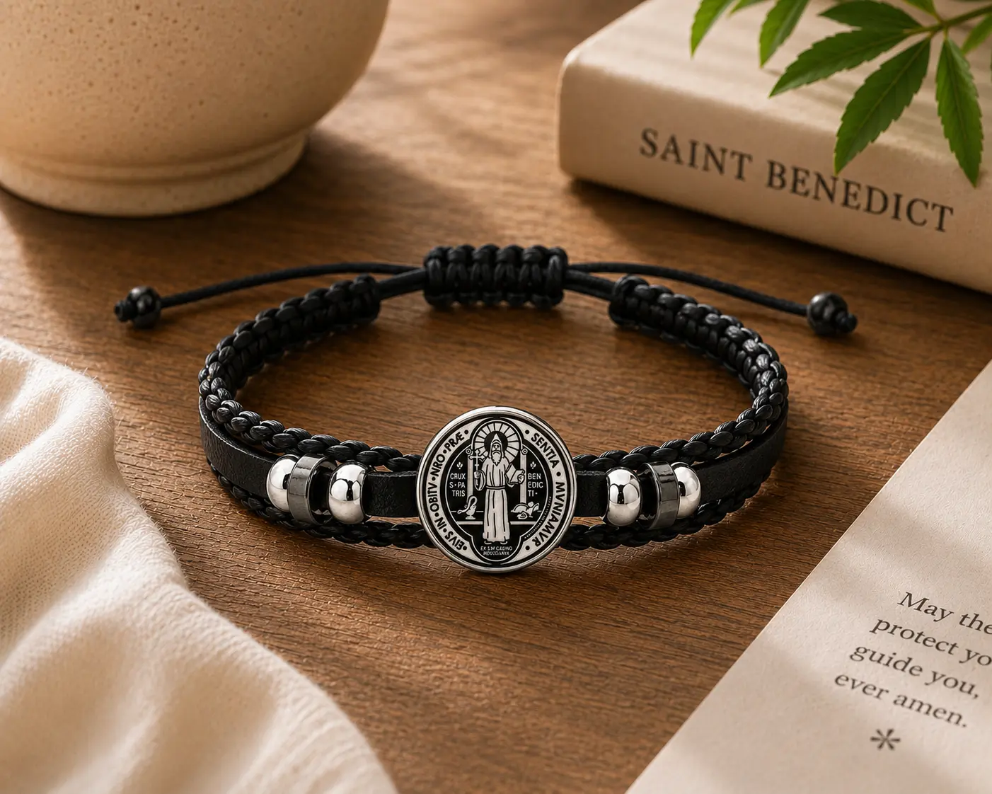 Pulsera trenzada con medalla san Benito, pulsera ajustable con cordón de cuero ro multicapa y cuencas para hombre y mujer