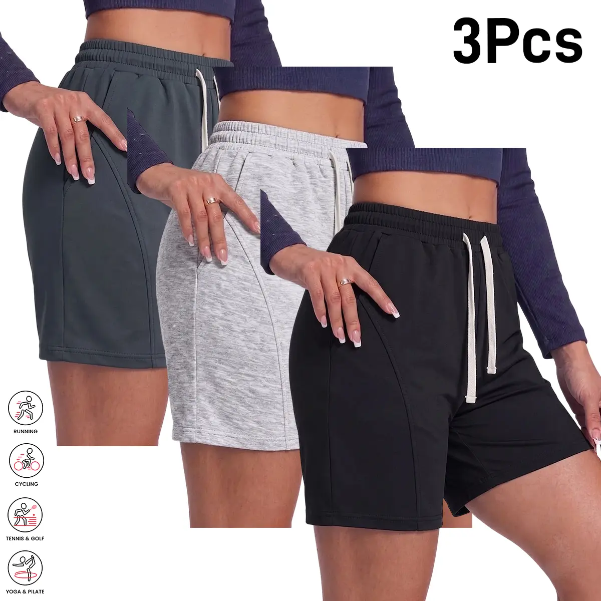 Women's 3-Pack High-Waist Polyester Athletic Shorts - Stretchy, Comfortable Sporty Chic Integrated Pocket Shorts for Running, Fitness, with Drawstring Waist, Solid Color Casual Wear