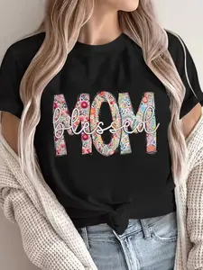 Women'S Floral "Mom" Graphic T-Shirt - Colorful Lettering with Heart & Floral Design, Soft Short Sleeve Round Neck Casual Tee for Casual Attire, All-Season Comfort, Ideal Gift for Mother'S Day Casual Outfits ( with Multicolor Print)