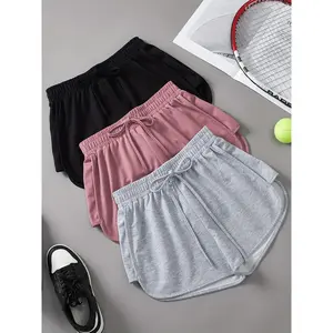 3 Pieces Set Solid Drawstring Running Shorts, Elastic Waist Casual Dolphin Shorts, Women's Clothing
