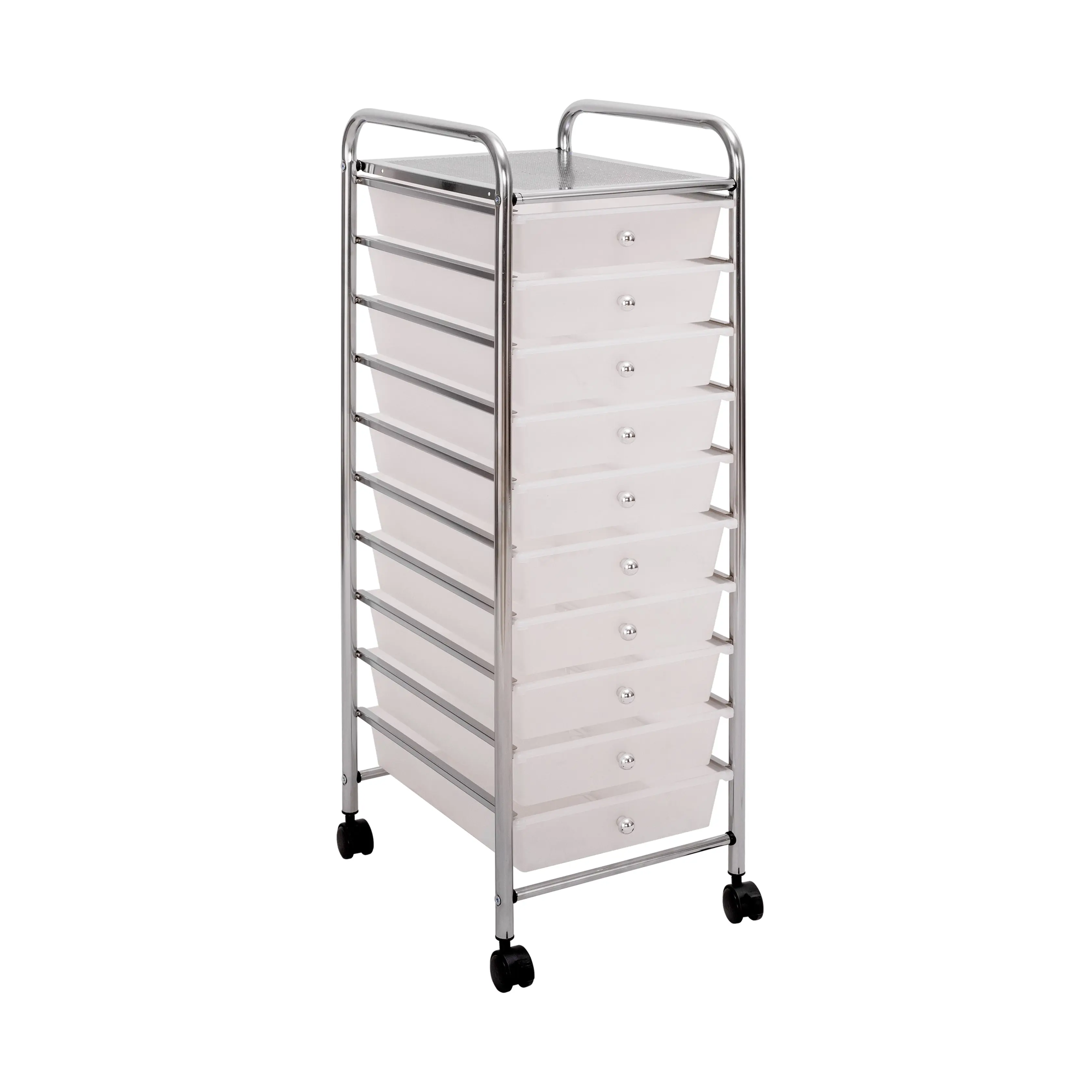 White 10-Drawer Organizer Cart with Translucent Polypropylene Drawers, Steel Racks and Shelf for Home Storage Organization, Locking Wheels