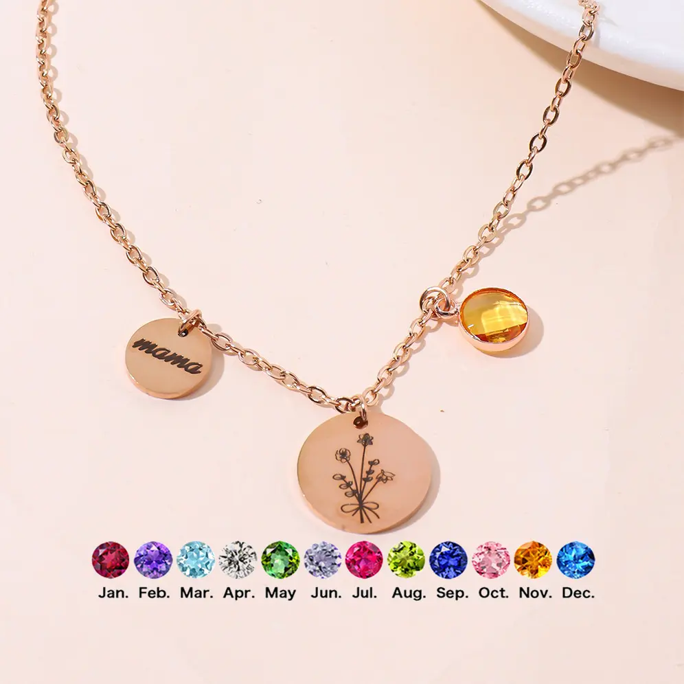 Engraved Necklace with Custom Name & Birthday Flower Motif, Metal-Coated Stainless Steel Round Pendant, Unisex Custom Made Jewelry for Daily Wear, Flowers