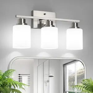 Bathroom Light Fixtures, 3-Light Vanity Light Over Mirror, Brushed Nickel Wall Sconces with Milky White Frosted Glass Shades, Wall Lamp for Living Room Bedroom, E26 Base(Bulbs Not Included)