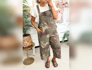Green Camouflage Print Leopard Detail Loose Denim Overall Cropped Jumpsuit