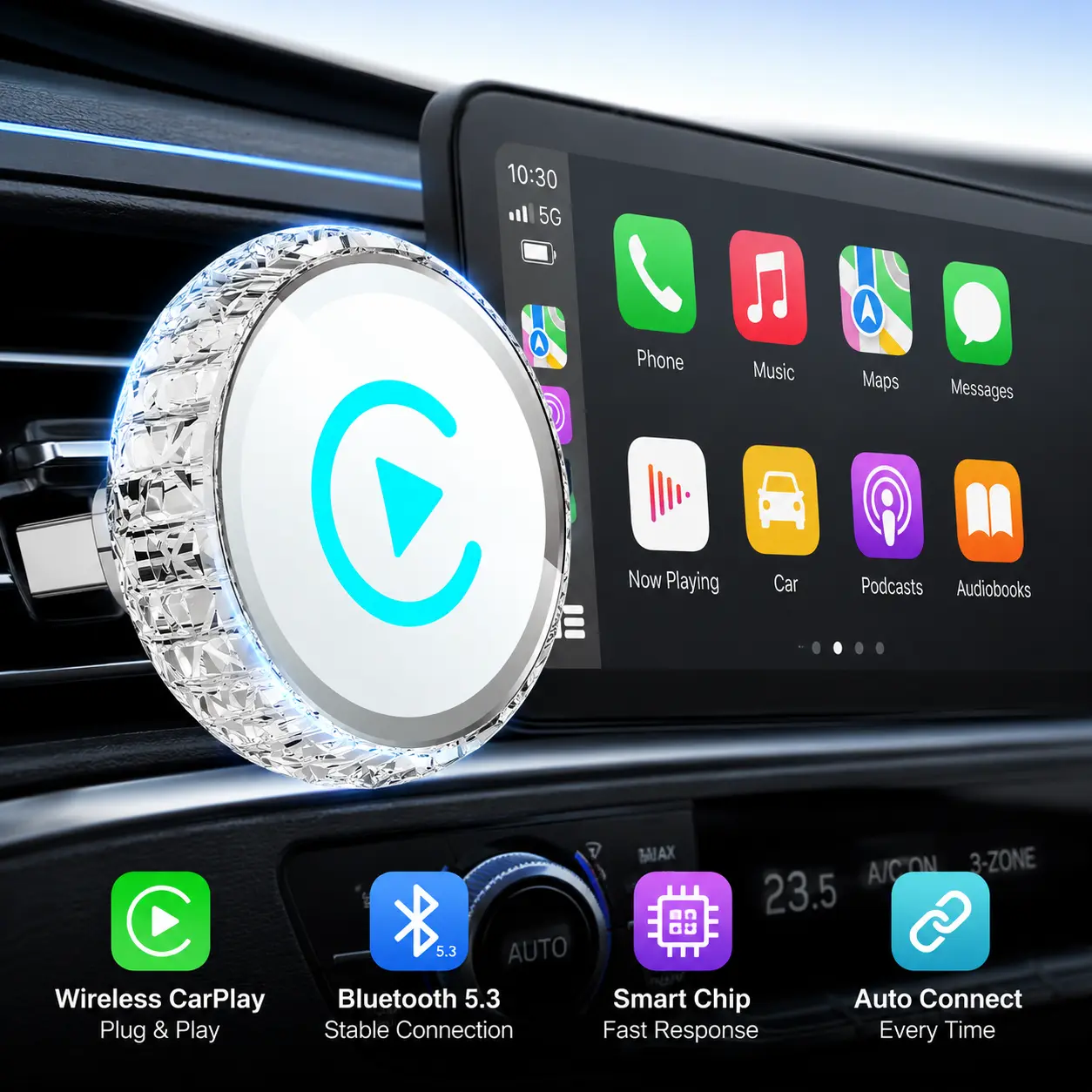 Wireless CarPlay AI Box Adapter - Plug & Play Car Multimedia Streaming Device for iPhone, Android Cars, SUVs, Pickup Trucks, Road Trip Drivers, Compact Portable, Stable Wireless Performance, Enhanced Driving Convenience, Hands‑Free Calls