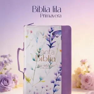 Biblia con Cierre Letra Grande 12 puntos para Mujer RV1960 imit piel lila con índice, canto floral con asa de mano