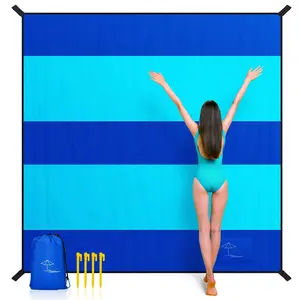 Extra Large Beach Blanket, Sand Free, Large Oversized Camping Mat, Comfortable Parachute Nylon, Cozy& Chic, Compact& Light, 4 Stakes&1 Travel Bag, S09, Aqua Navy Blue