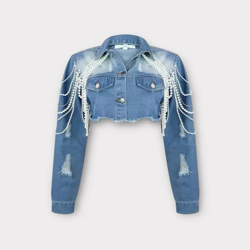 Teaser Cropped Denim Jacket With Pearls Casual