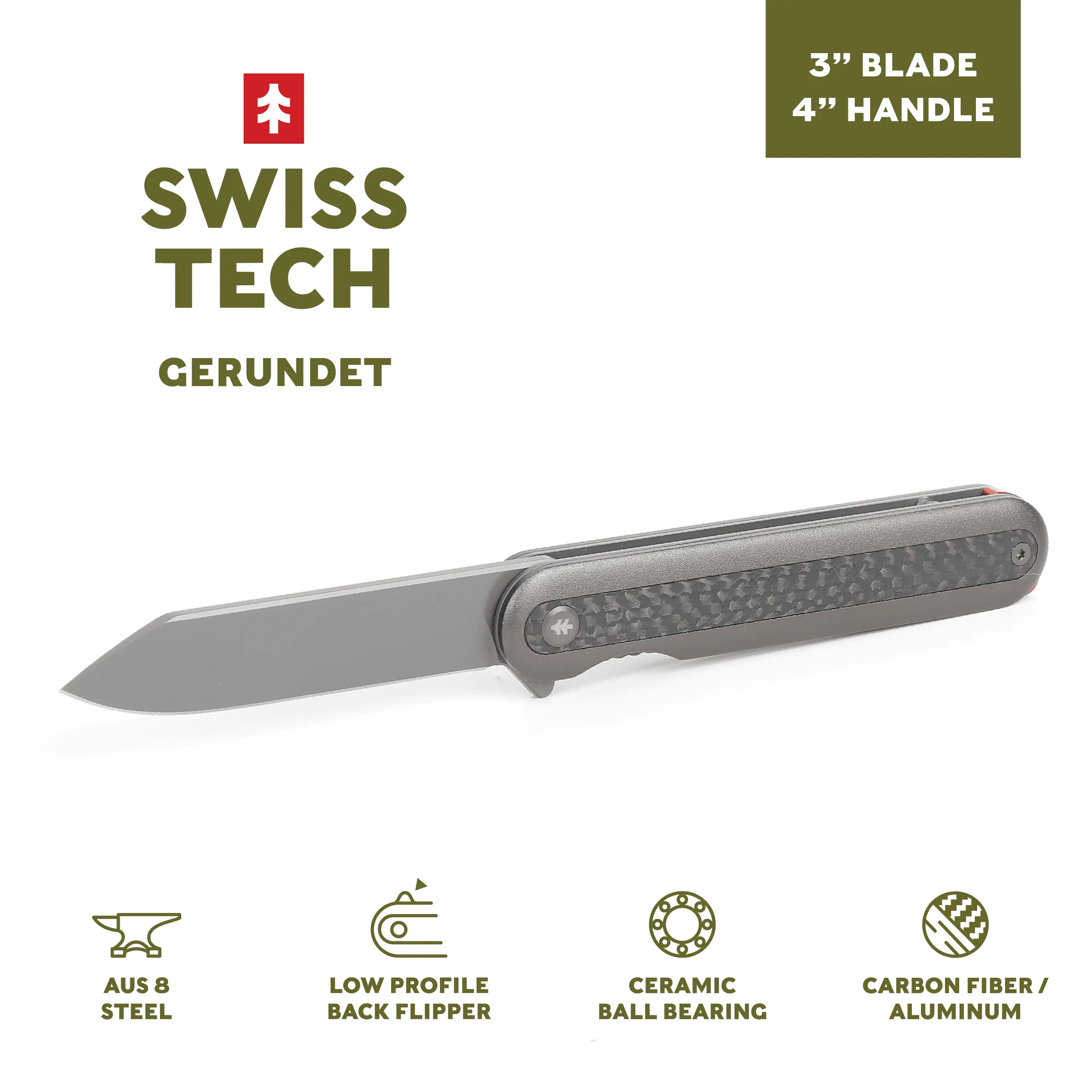 Swiss Tech Unisex Assisted-Open Folding Pocket Knife - 7-in Ball Bearing Compact Tool, 3-in AUS-8 Gerundet Blade, 4-in Carbon Fiber Secure Grip Handle for Hiking, Water Sports