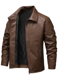 Men's Autumn Winter Fleece PU Leather Jacket Coats, Regular Fit, Stand Collar, Zipper Pockets, Casual Stylish Long Sleeve Top