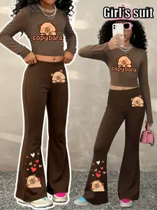 Girl's Fashion Capybara Sweet Girl Set Outfit: Capybara Cartoon Pattern Printed Fitted Long-sleeve T-shirt Top + Love Capybara Flared Pants, a two-piece casual set for older and middle-aged children in spring and autumn
