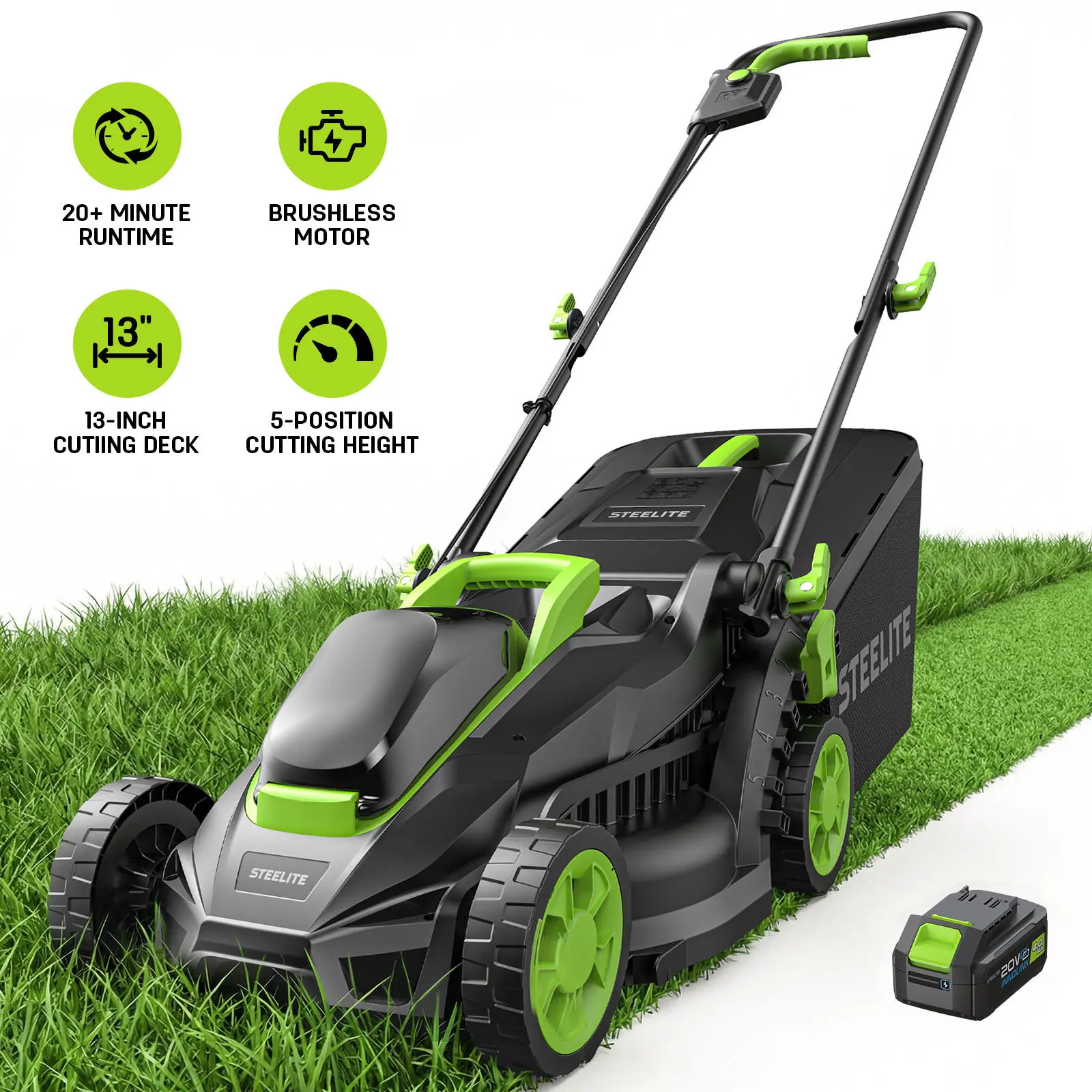STEELITE 20V 13-Inch Brushless Electric Lawn Mower, 4.0Ah Battery & Charger Included, Ultra-Lightweight Cordless Electric Push Mower, Easy Operation for Small Lawn, Yard, Garden