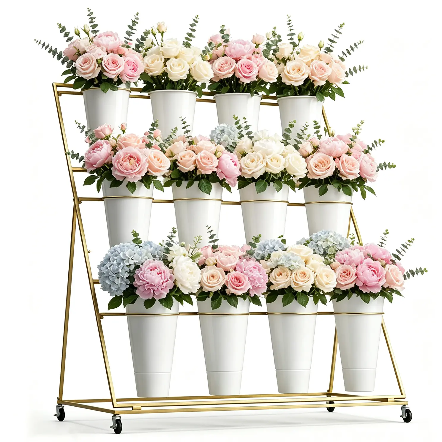Flower Display Stand 3 Layers with 12 PCS Round Buckets, Plant Stand with Wheels, Movable Metal Plant Stand for Terrace Garden, Florist Shop 2-piece set patioplants Elevated Outdoor Garden Planter decorative pot