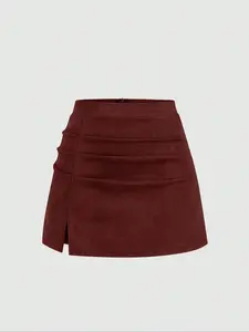 Women's New Velvet Retro Italian Fashion Casual Fall Winter A-Line Pleated Fitted Bodycon Short Skirt, Wine Solid Color, Bottom, Womenswear