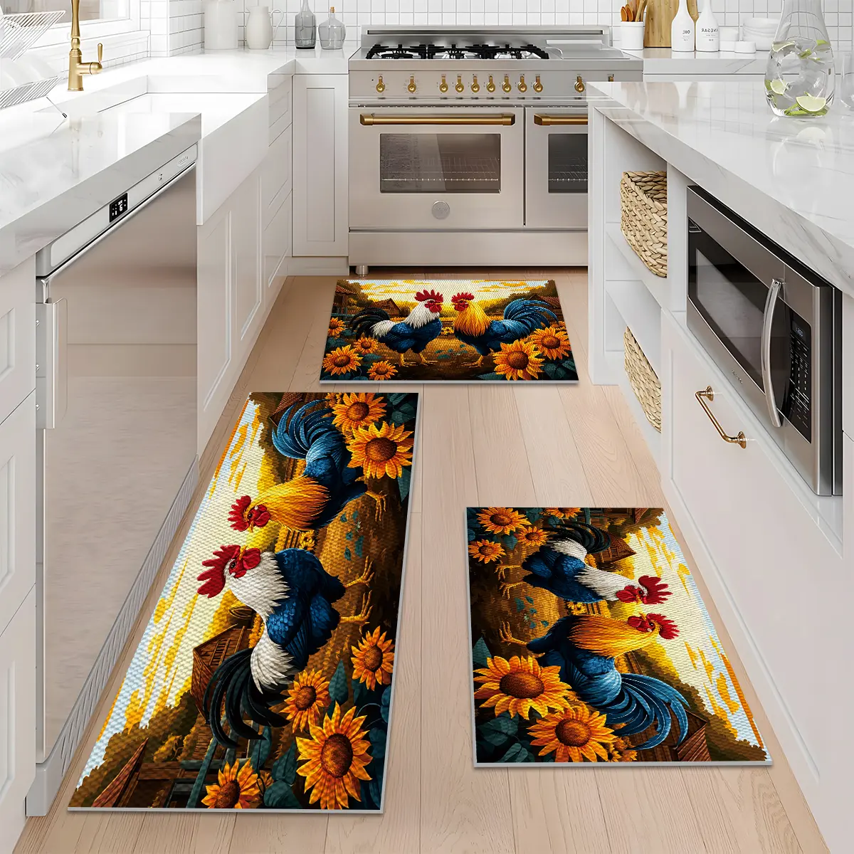 1/2/3PCS Farmhouse 3D Art Kitchen Rugs, Rooster & Sunflower Pattern Kitchen Decor, Pineapple Texture Washable Non-Slip Floor Mat Set, 16"X24"+20"X32"+20"X47" Runner & Doormat, Aesthetic Kitchen Rugs