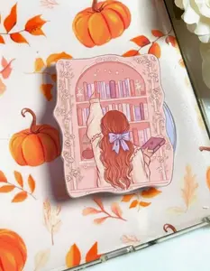 Coquette Bookish Girl Phone Grip - Pastel Pink Aesthetic Bookshelf Griptok - Cute Girl Reading Phone Holder - Cottagecore Book Lover Gift for Her - Romantic Library Aesthetic Accessory