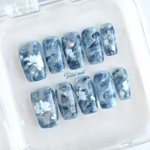Blue Ink Floral Handmade Press-On Nails | Long Square Shape, 10pcs | Cool Chinese Style | Misty Blue Ombre & Silver Glitter & Hand-Painted White Flowers | Glossy Finish | Reusable DIY Nail Kit for Spring | Elegant Timeless Look