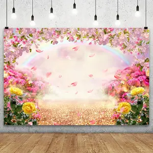 Spring Flower Backdrop Rainbow Floral Style Polyester Fabric Photography Background Wrinkle Resistant HD Print Party Decor Photo Booth