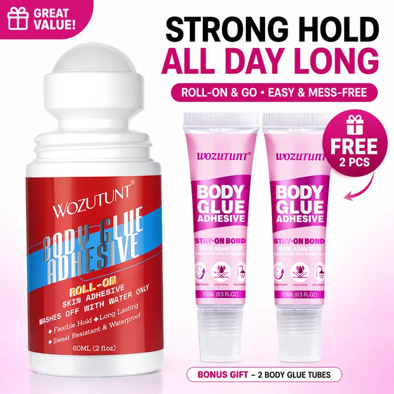Goiple Cosmetic Unscented Roll-On Stick Body Glue Adhesive (60ML) - Strong Versatile Hold, Easy to Apply for Adults, Bonus 2PCS 15ML Hair Styling Accessories Body Glue