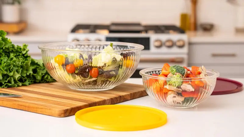 Borosilicate Glass Stackable Mixing Bowls Set - 3-Piece Round Modern Covered Bowls for Cooking, Baking, 1L/2L/3.5L Transparent Ribbed Nesting Kitchen Tableware for Food Storage