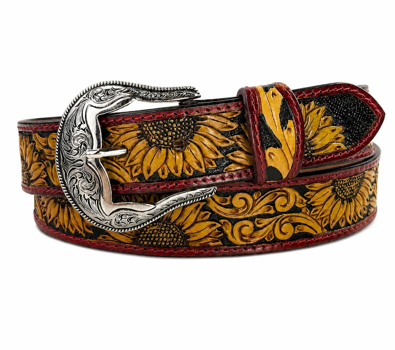 Tooled Western Floral Engraved Leather Belt 100% Genuine Full Grain Cowhide with Snaps 1-1/2" WIDE Leather Snap-On Belt